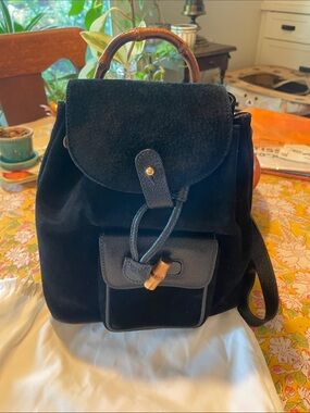 Gucci Black Suede Backpack with Bamboo Top Handle